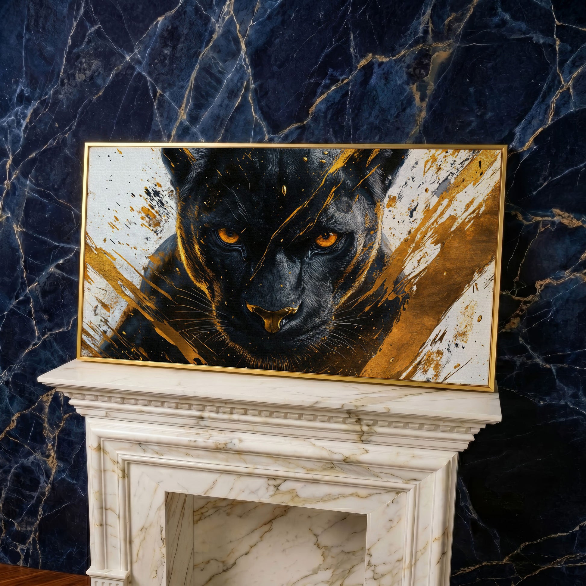 Black Panther with Gold Accents Canvas in yellow gold floating frame
