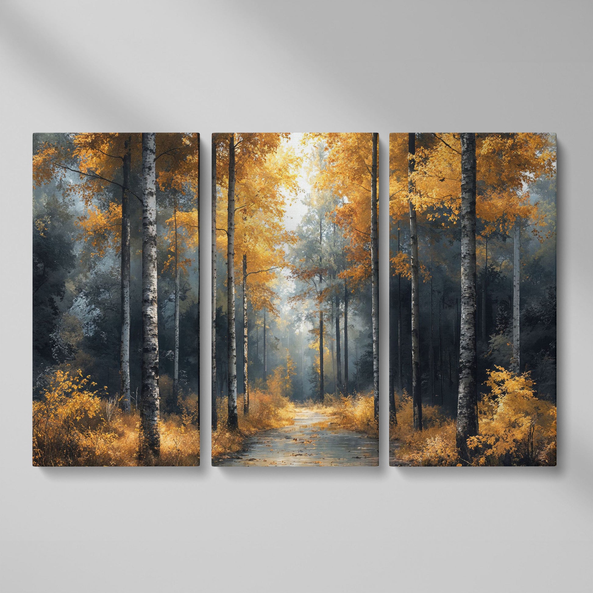 Serene Forest Pathway with Golden Leaves Canvas Print as 3-panel split version