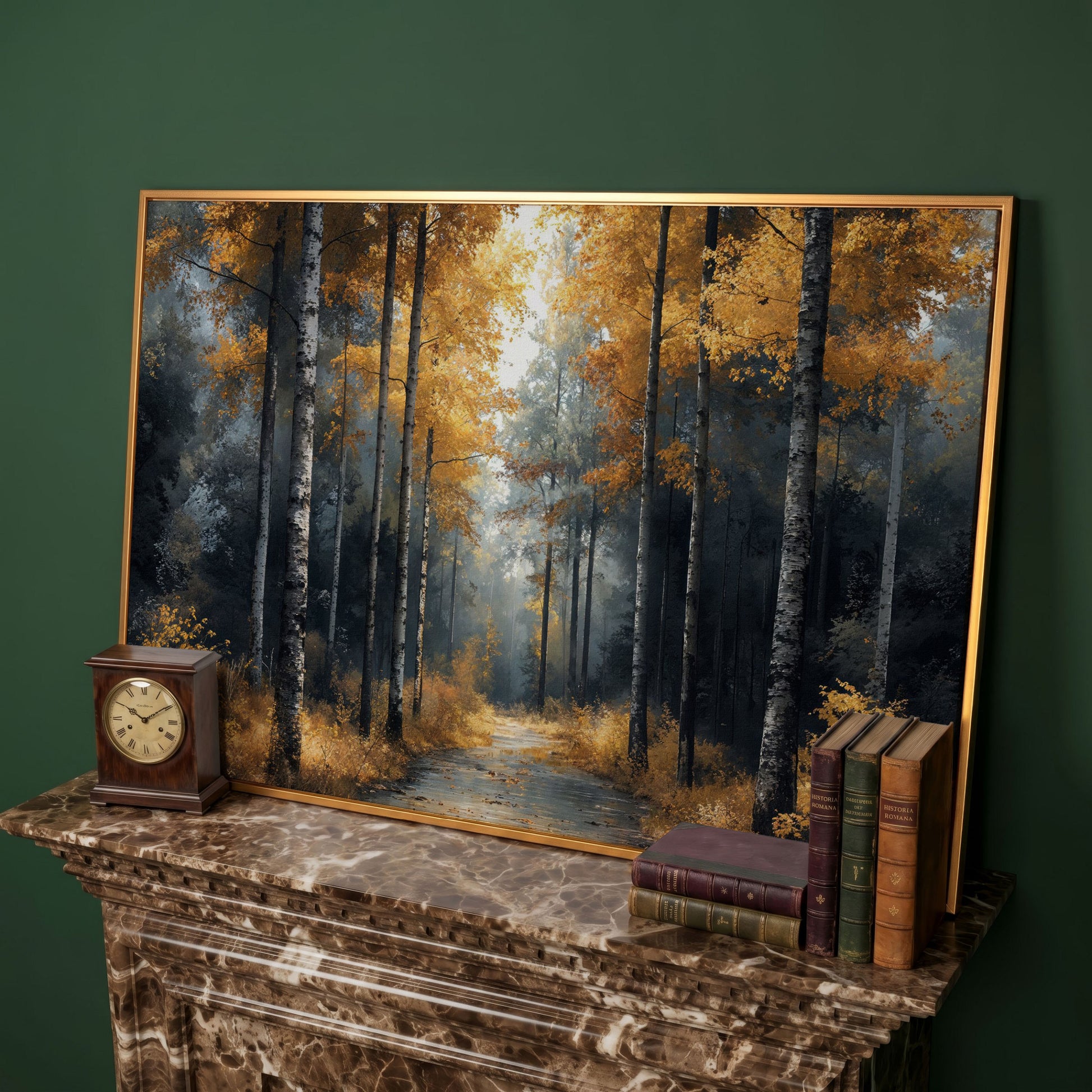 Serene Forest Pathway with Golden Leaves Canvas Print in antique gold floating frame
