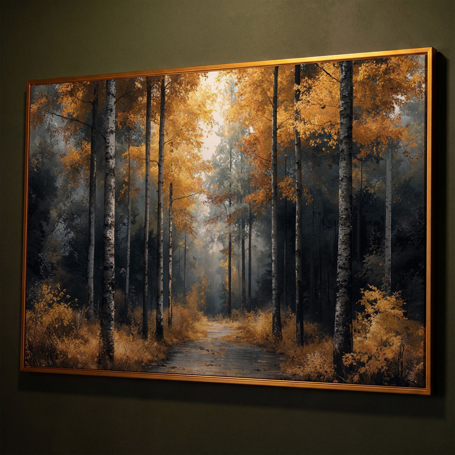 Serene Forest Pathway with Golden Leaves Canvas Print shown in antique gold floating frame