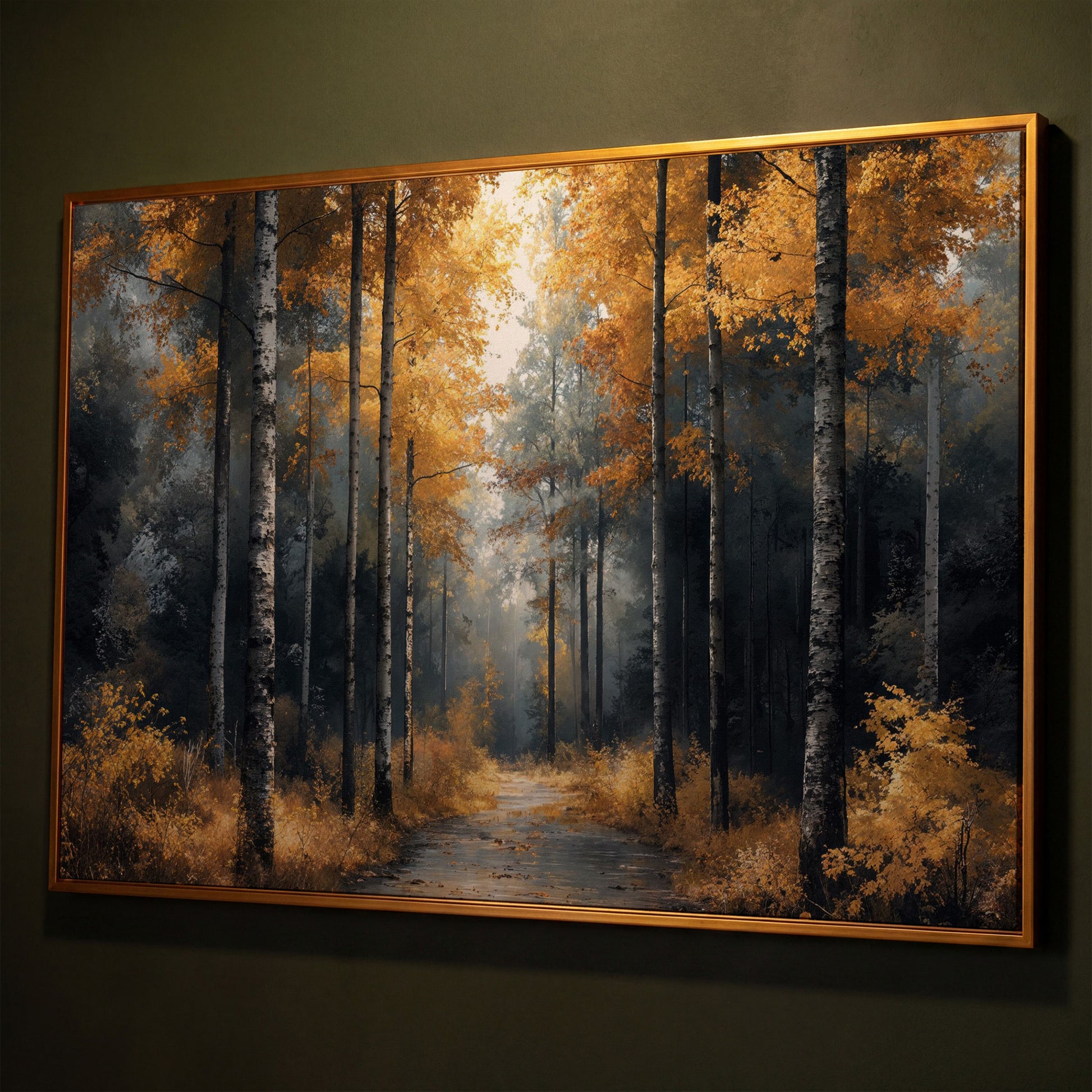 Serene Forest Pathway with Golden Leaves Canvas Print shown in antique gold floating frame
