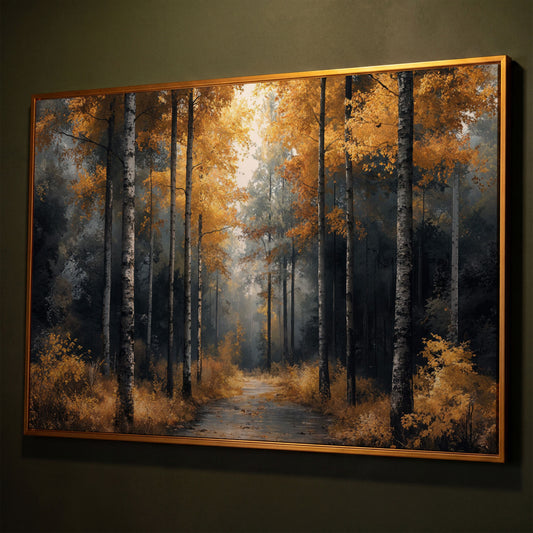 Serene Forest Pathway with Golden Leaves Canvas Print shown in antique gold floating frame