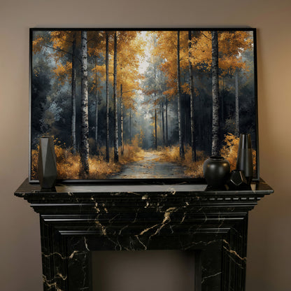 Serene Forest Pathway with Golden Leaves Canvas Print in black floating frame
