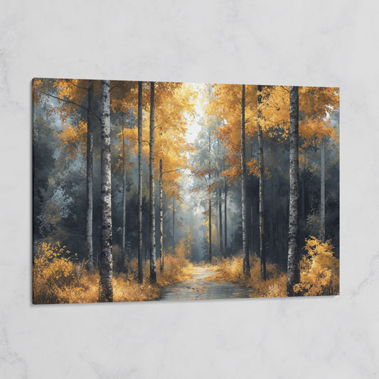 Serene Forest Pathway with Golden Leaves Canvas Print on gallery wrap