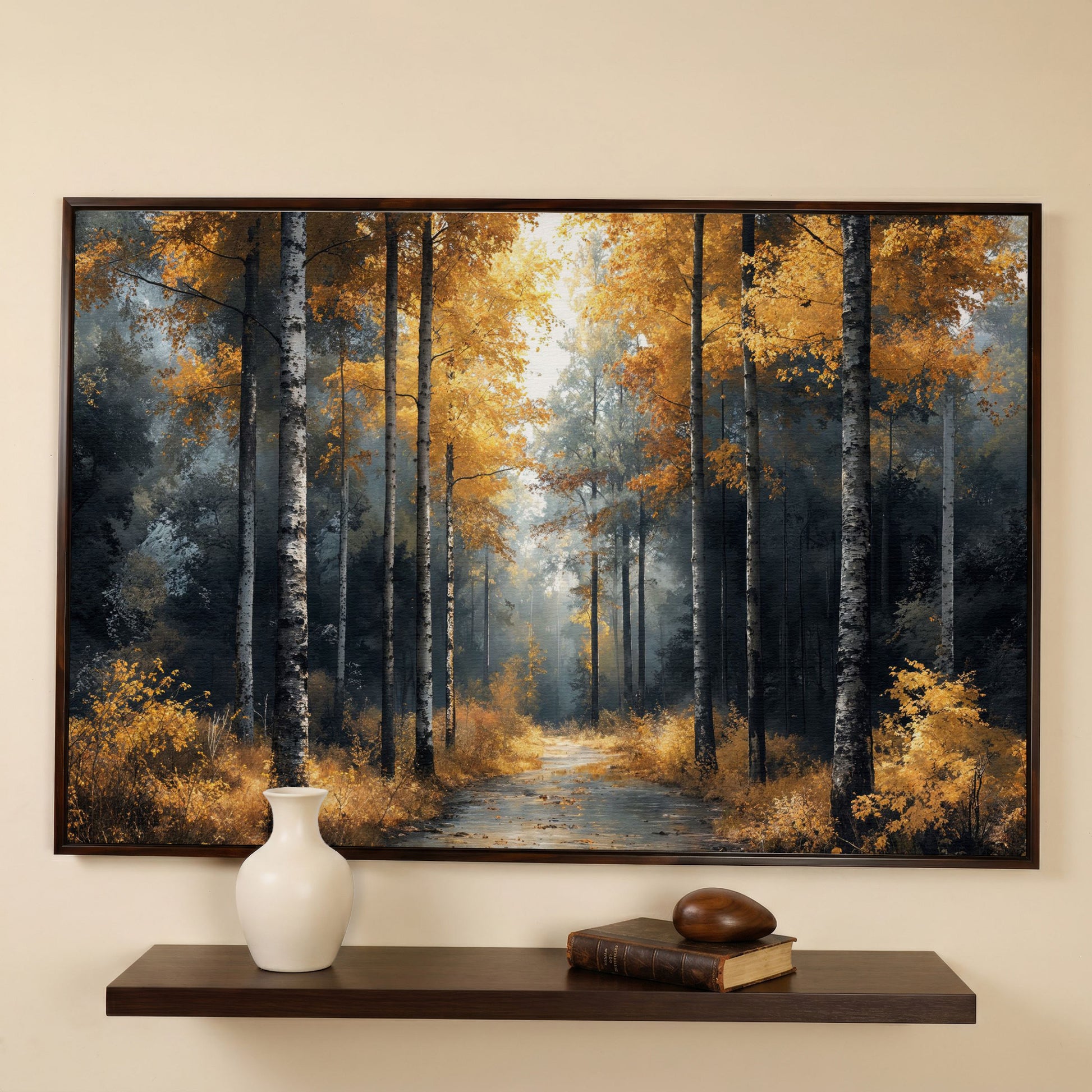 Serene Forest Pathway with Golden Leaves Canvas Print in dark walnut floating frame