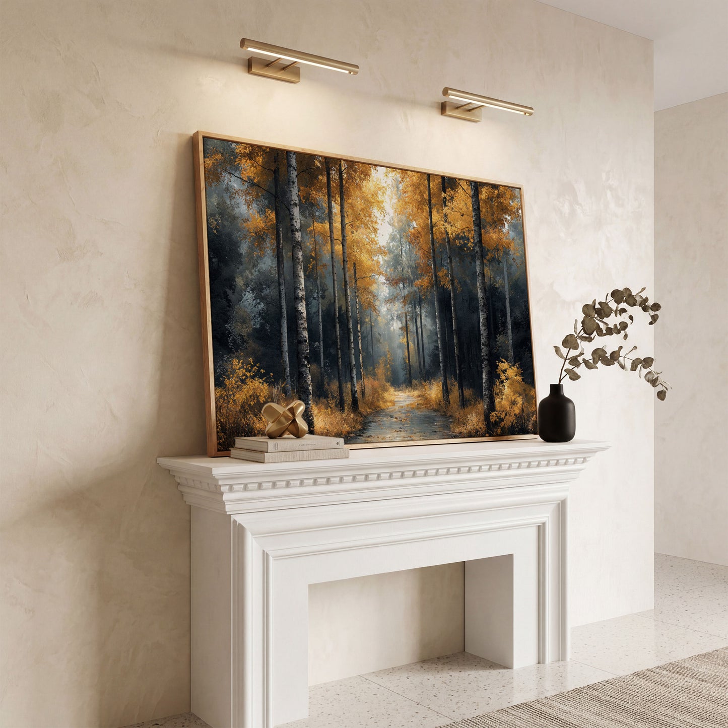 Serene Forest Pathway with Golden Leaves Canvas Print in white oak floating frame