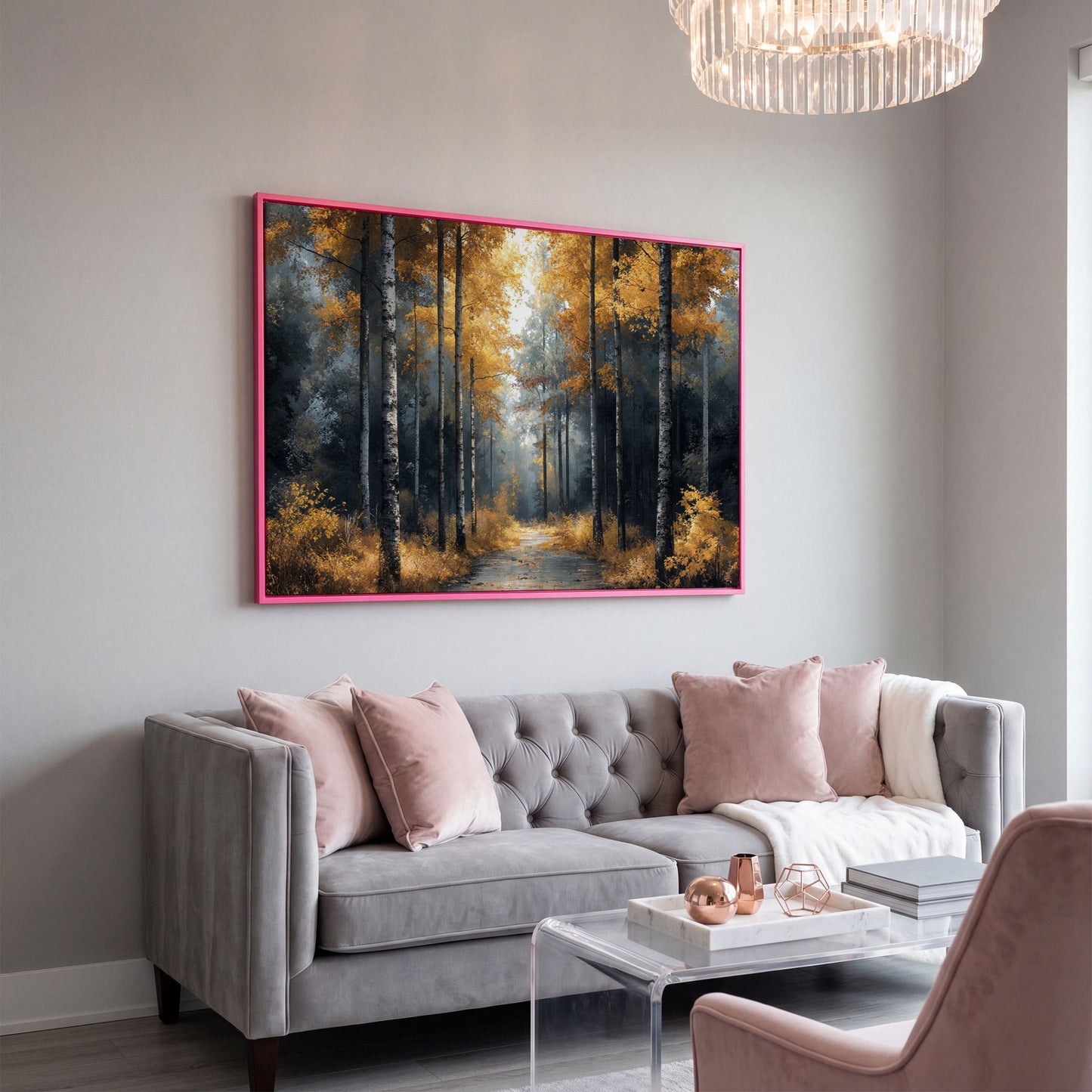 Serene Forest Pathway with Golden Leaves Canvas Print in pink floating frame
