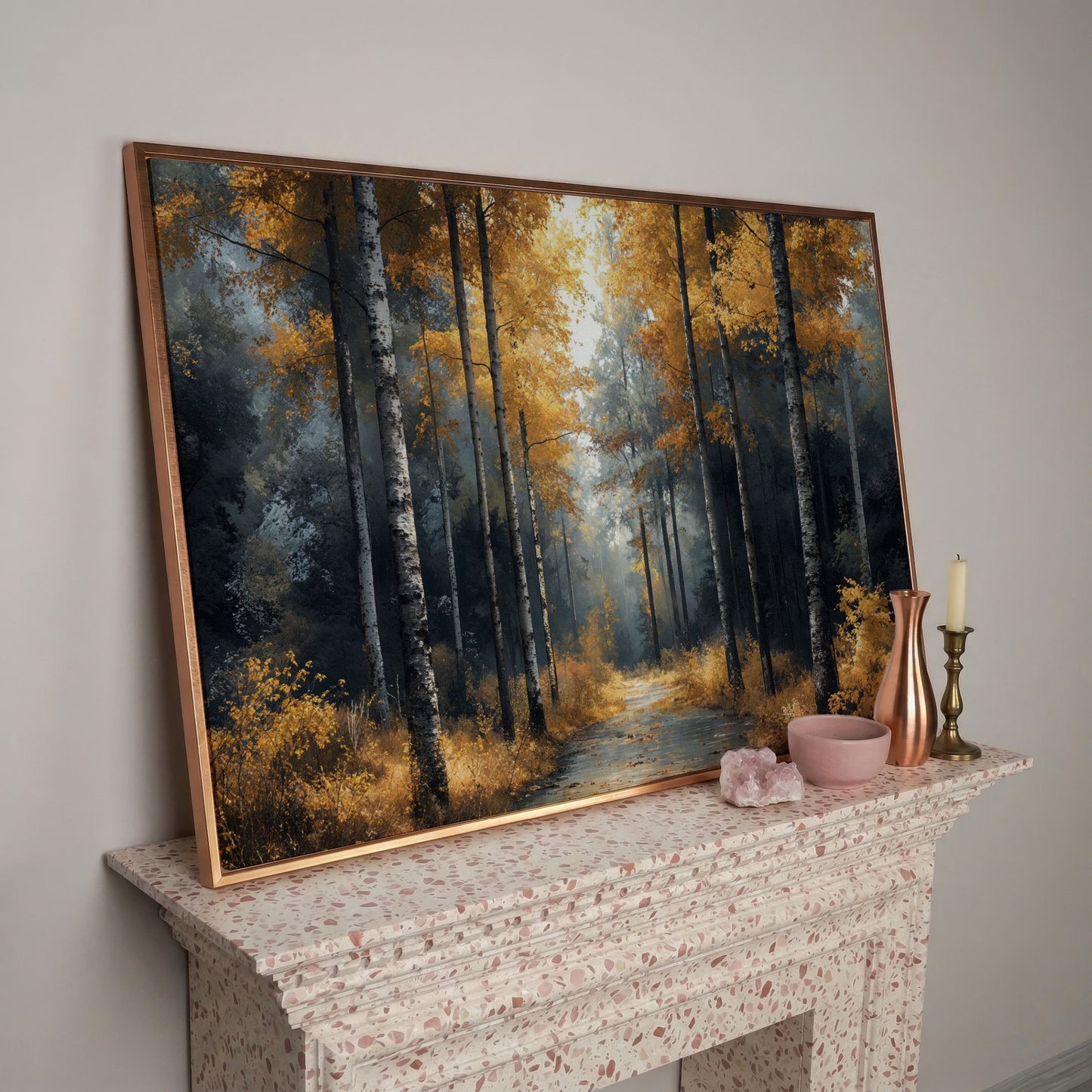 Serene Forest Pathway with Golden Leaves Canvas Print in rose gold floating frame