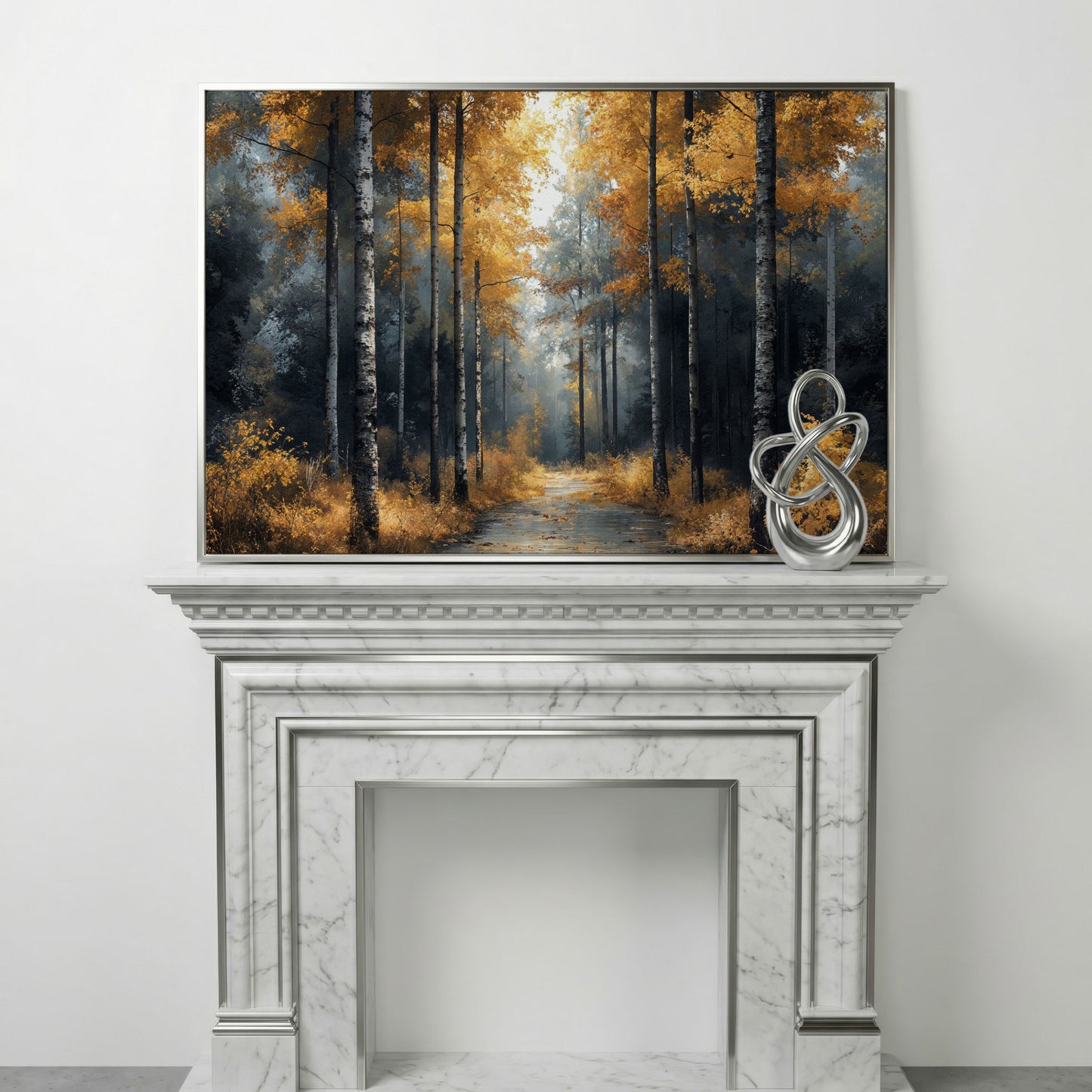 Serene Forest Pathway with Golden Leaves Canvas Print in silver floating frame