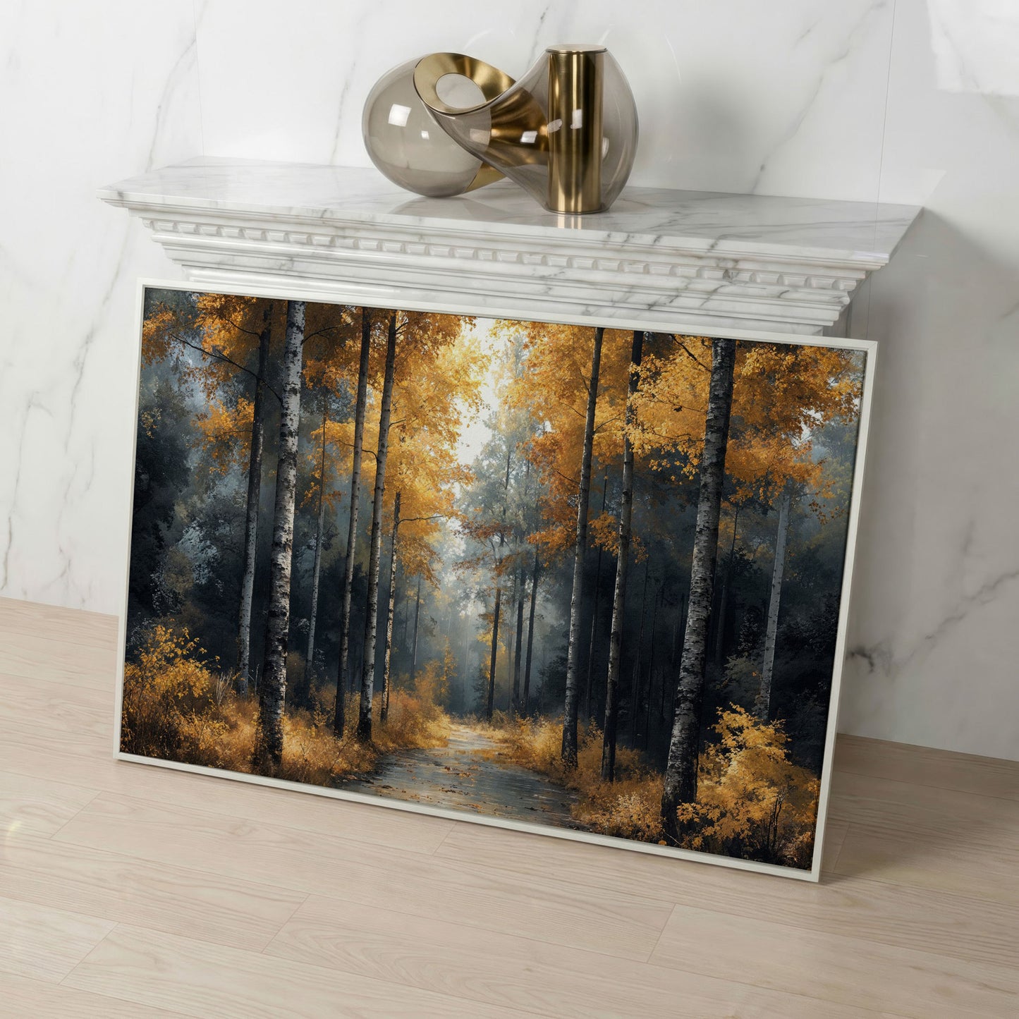 Serene Forest Pathway with Golden Leaves Canvas Print in white floating frame