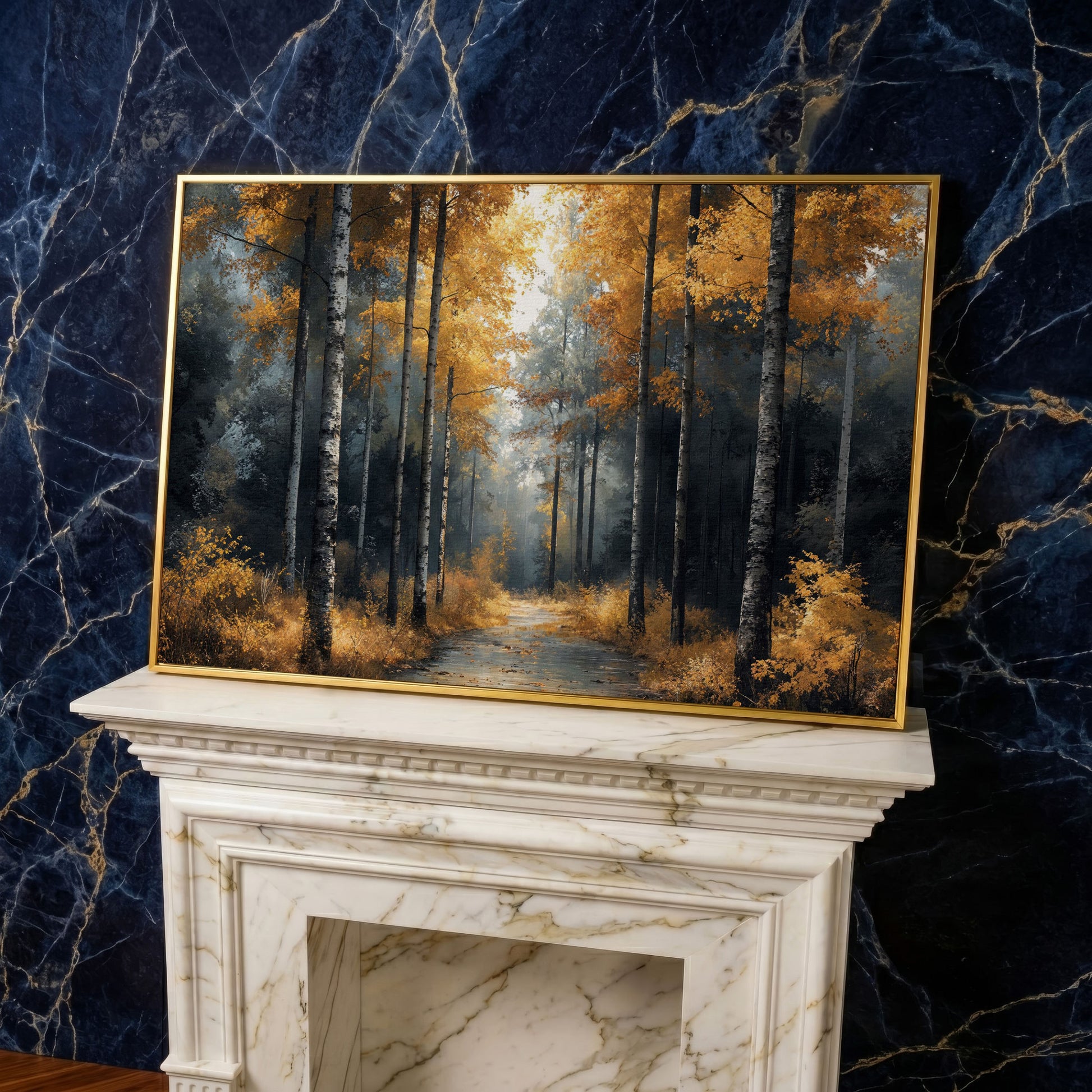 Serene Forest Pathway with Golden Leaves Canvas Print in yellow gold floating frame