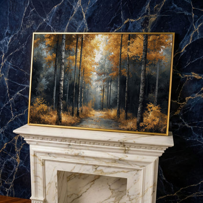 Serene Forest Pathway with Golden Leaves Canvas Print in yellow gold floating frame
