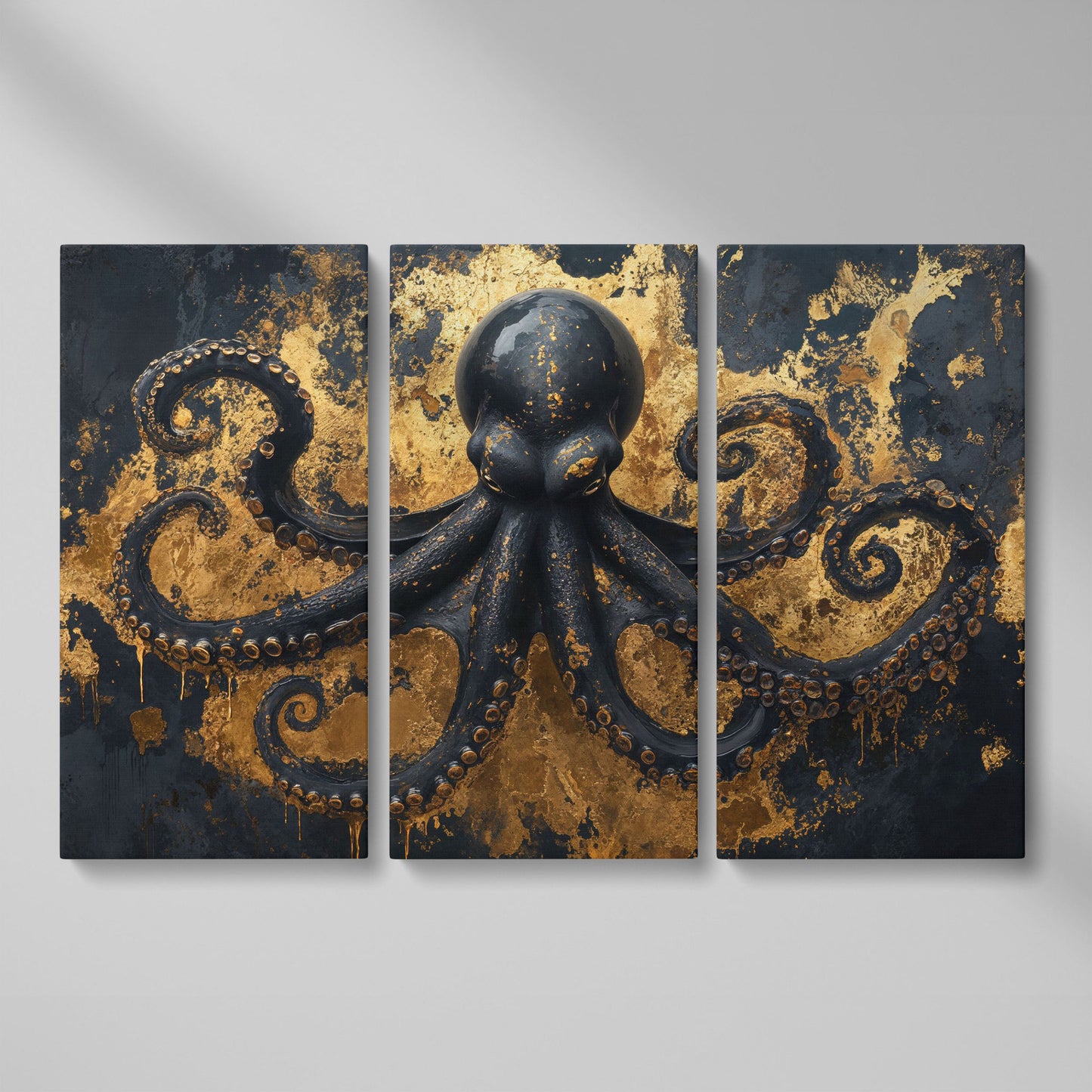 Black Octopus Underwater Canvas as 3-panel split version