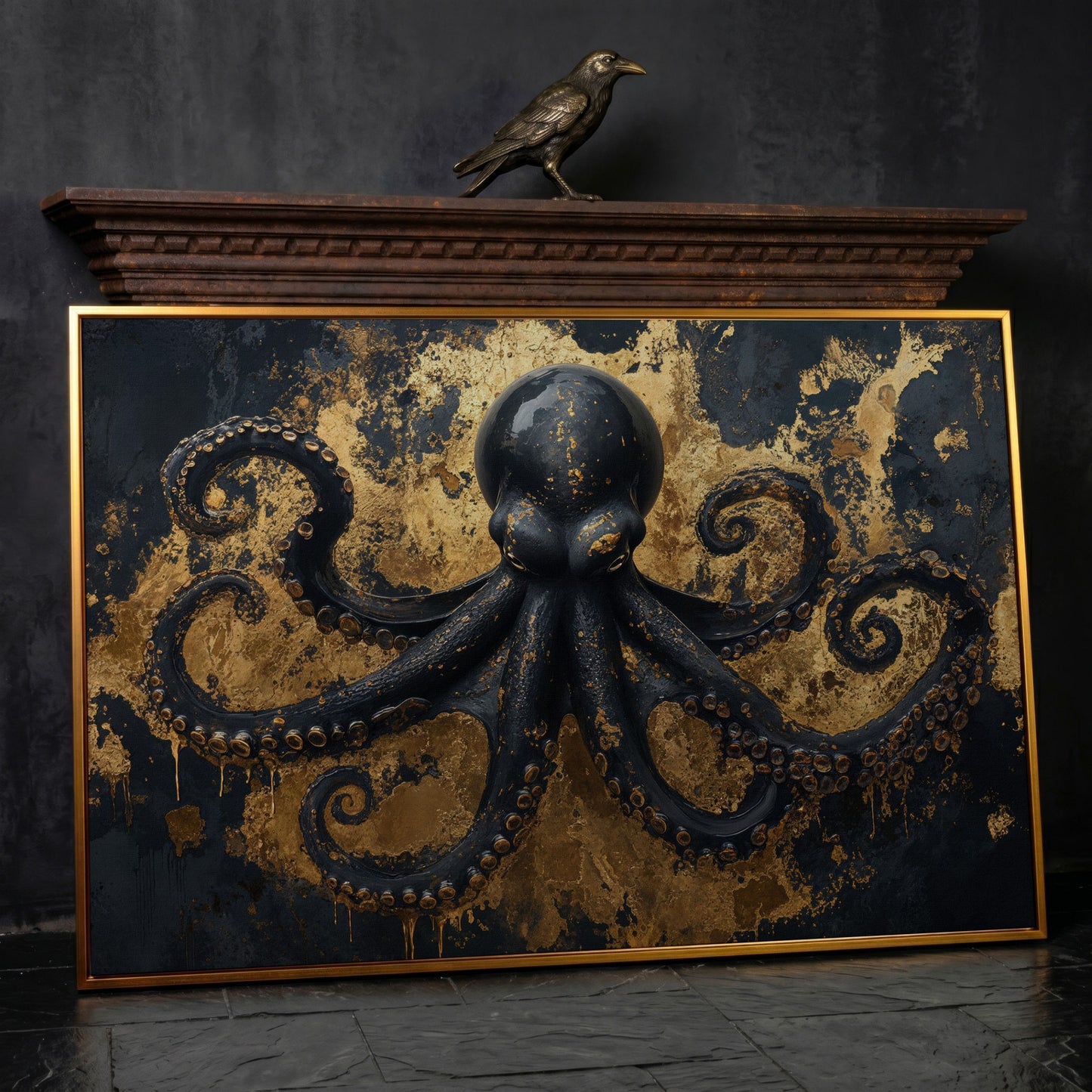Black Octopus Underwater Canvas in antique gold floating frame