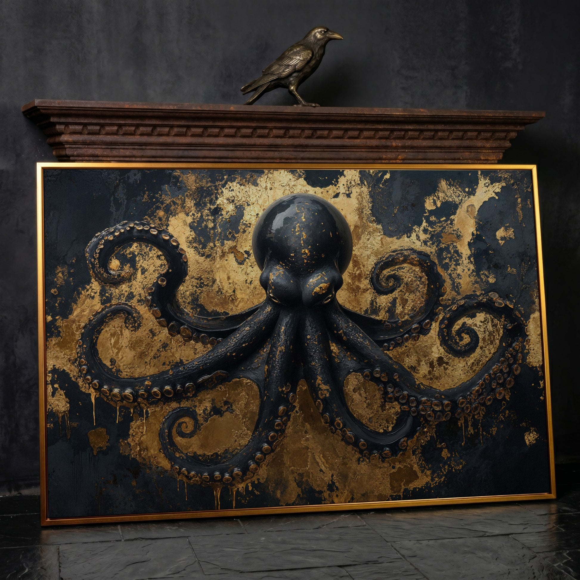 Black Octopus Underwater Canvas in antique gold floating frame