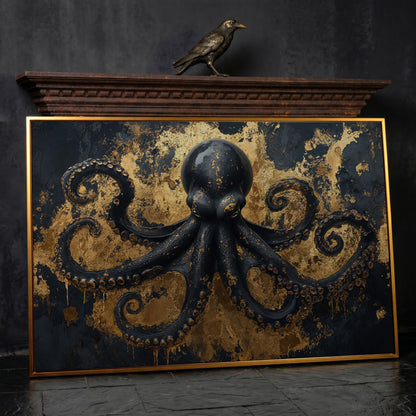 Black Octopus Underwater Canvas in antique gold floating frame