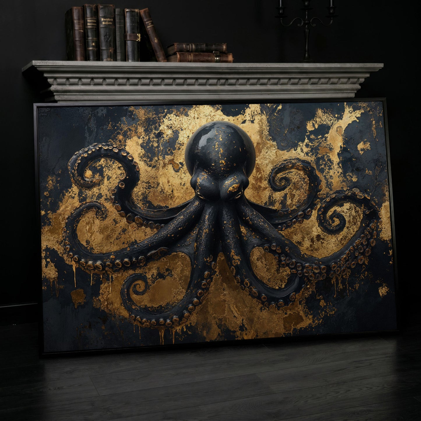 Black Octopus Underwater Canvas in black floating frame
