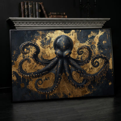 Black Octopus Underwater Canvas in black floating frame