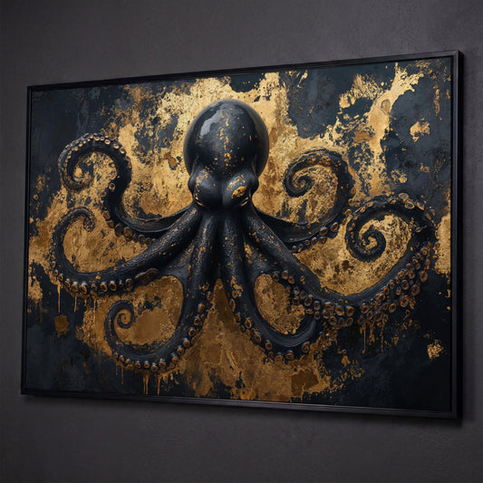 Black Octopus Underwater Canvas shown in black floating frame