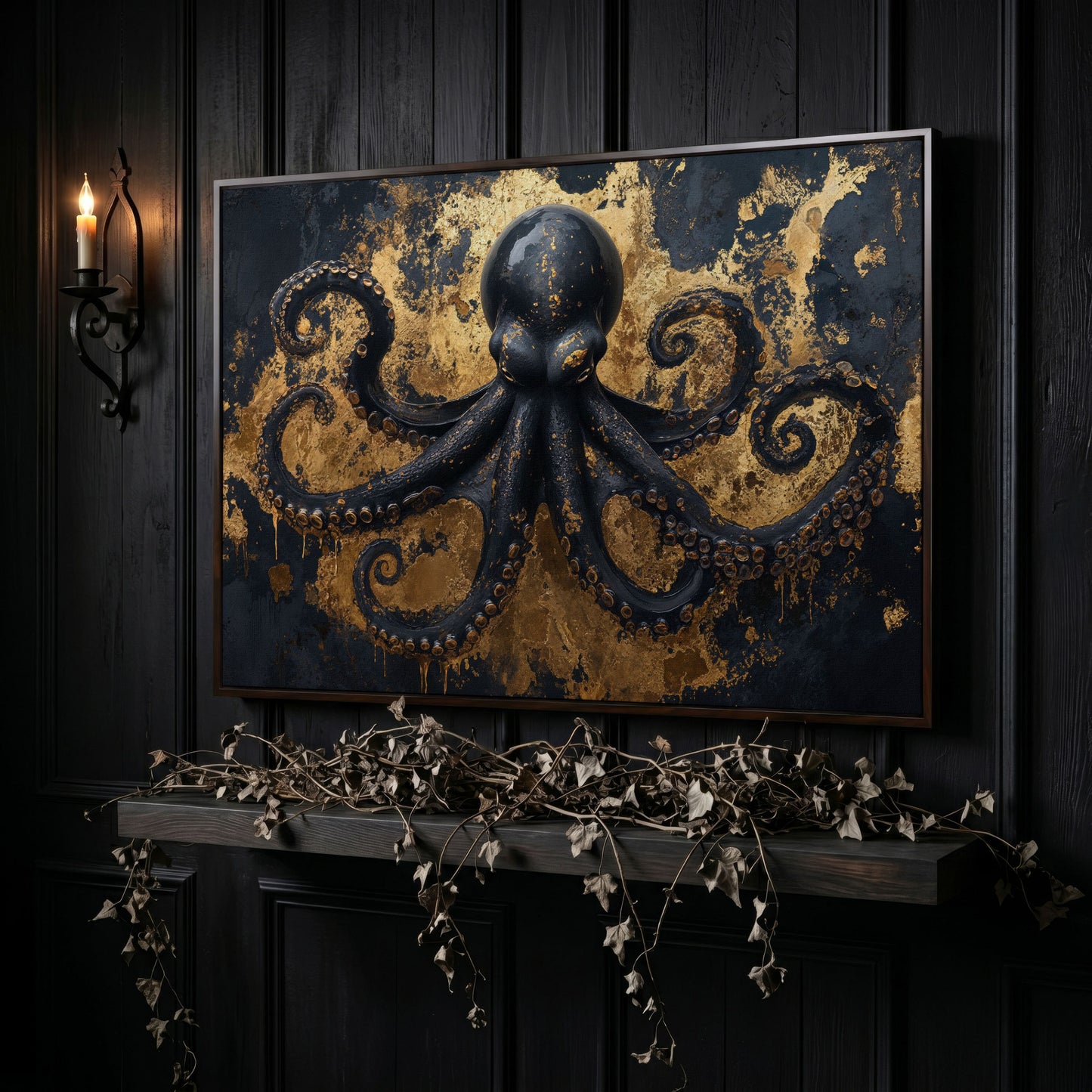Black Octopus Underwater Canvas in dark walnut floating frame