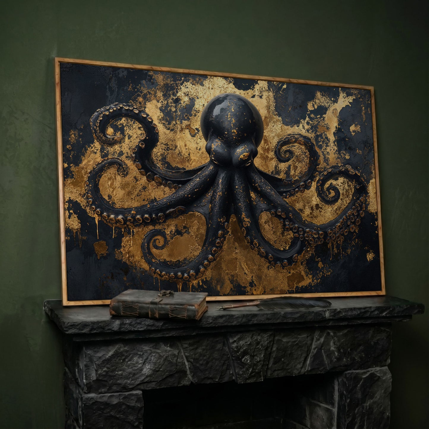 Black Octopus Underwater Canvas in white oak floating frame