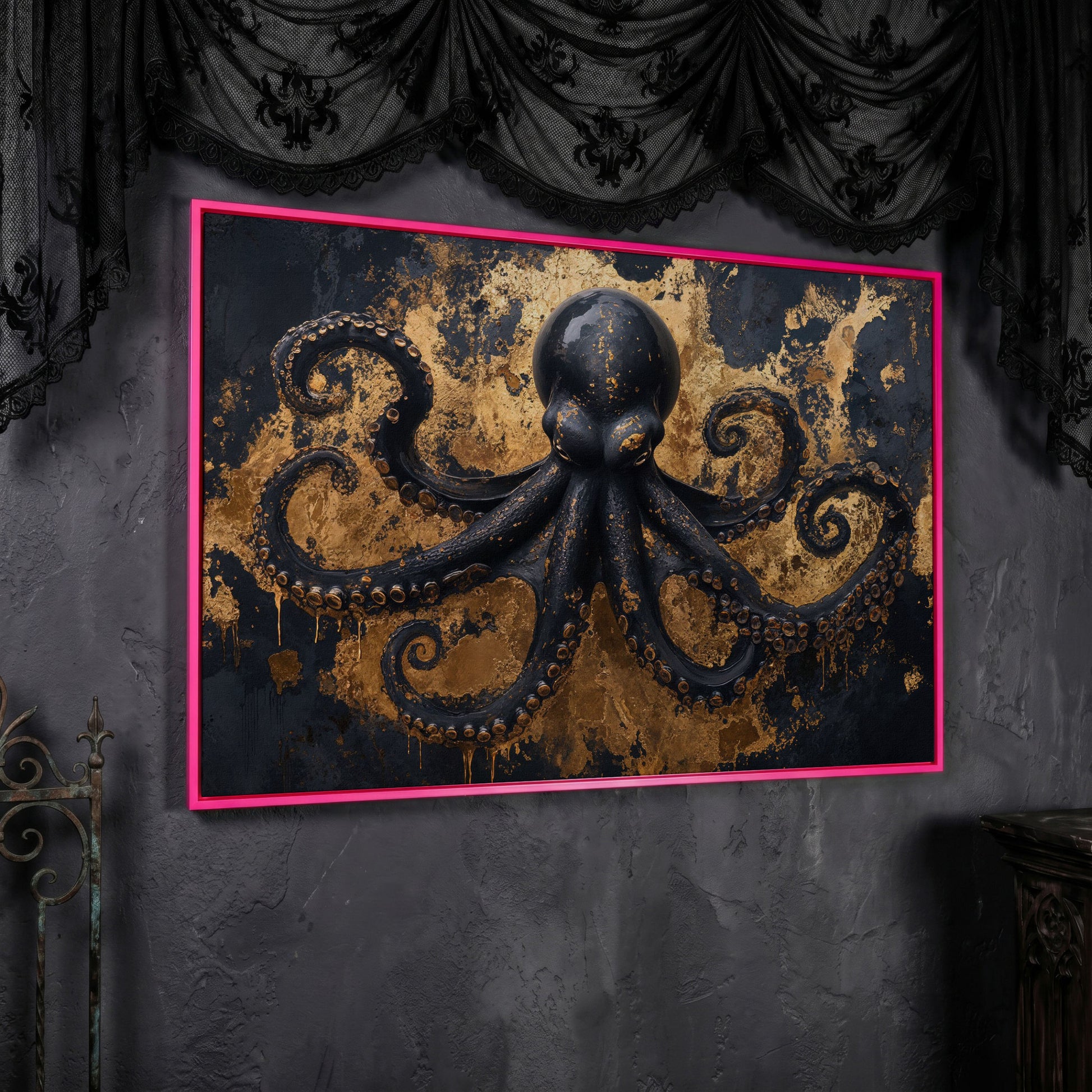 Black Octopus Underwater Canvas in pink floating frame