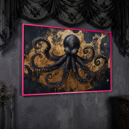 Black Octopus Underwater Canvas in pink floating frame