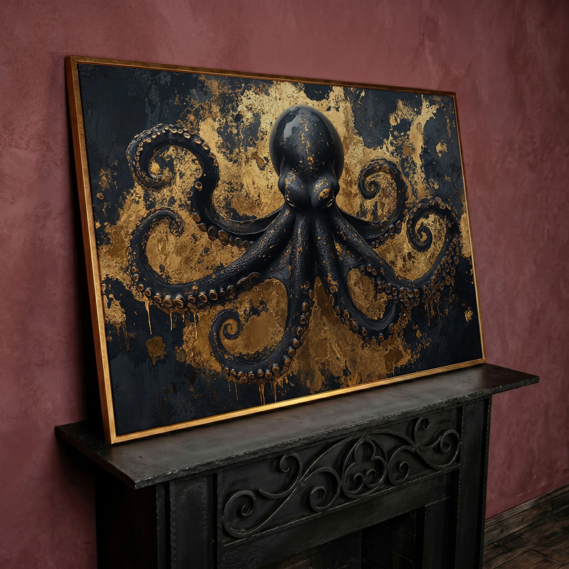 Black Octopus Underwater Canvas in rose gold floating frame