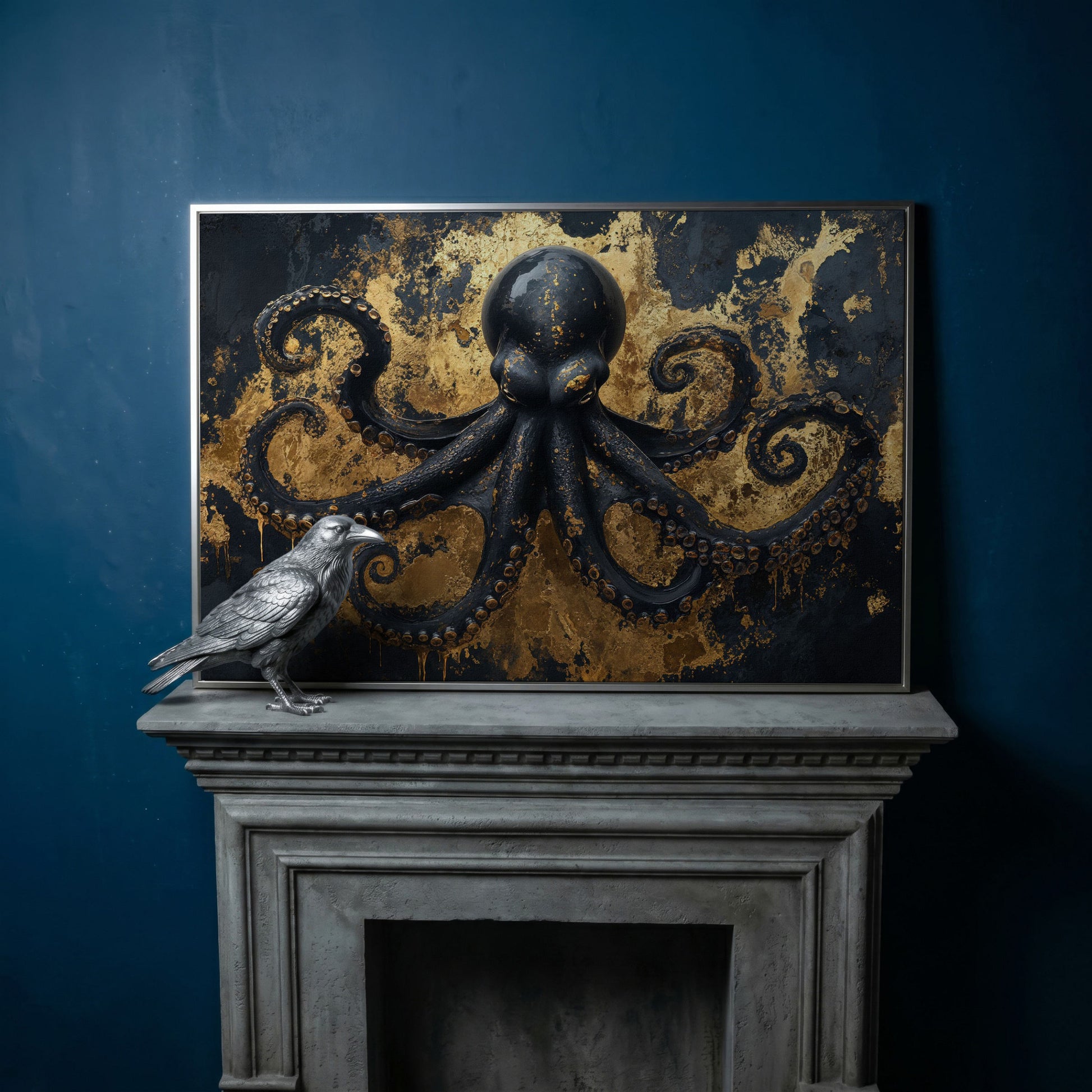 Black Octopus Underwater Canvas in silver floating frame