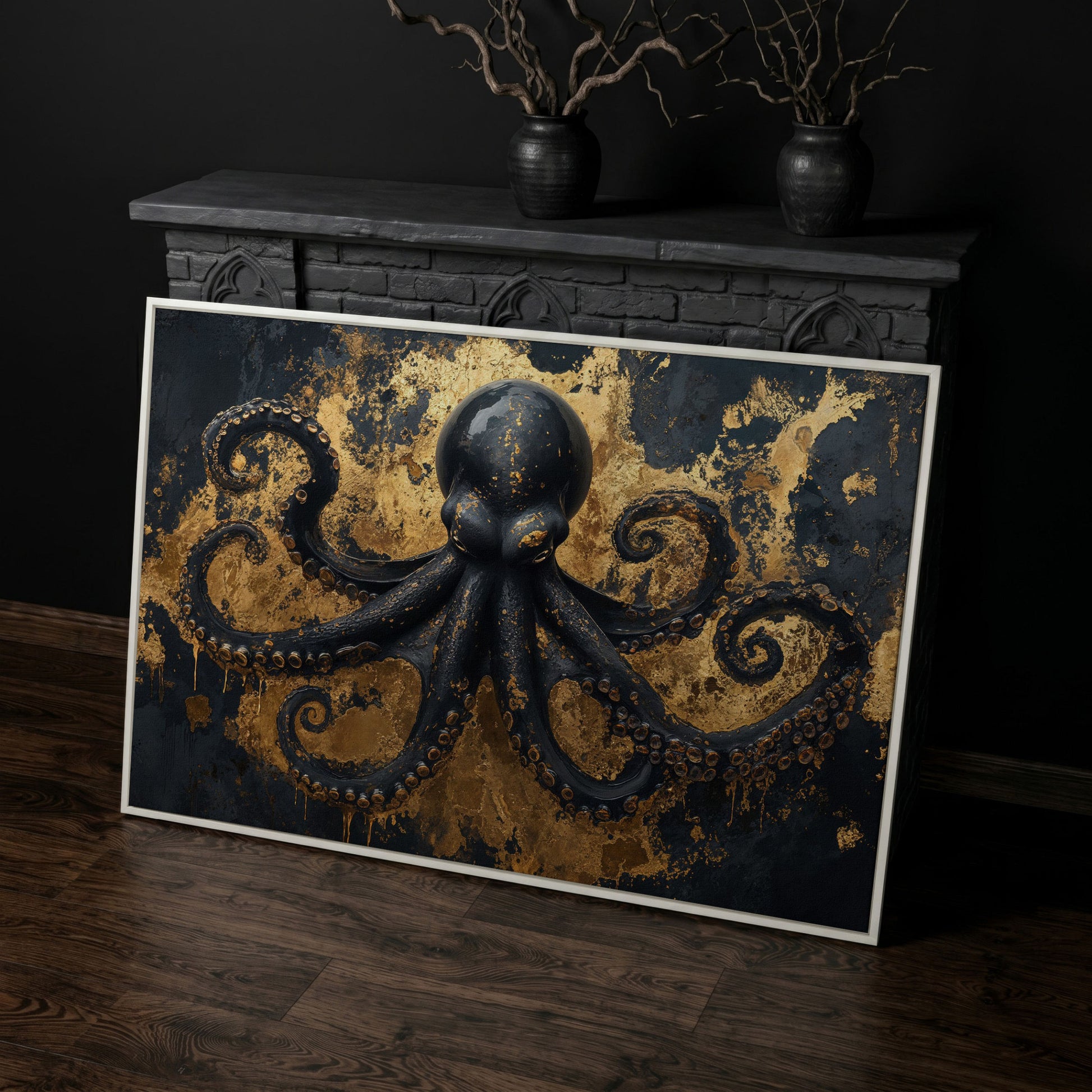 Black Octopus Underwater Canvas in white floating frame