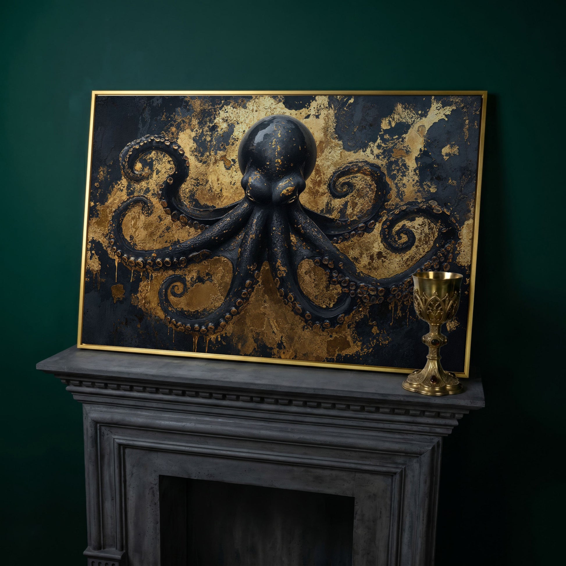 Black Octopus Underwater Canvas in yellow gold floating frame