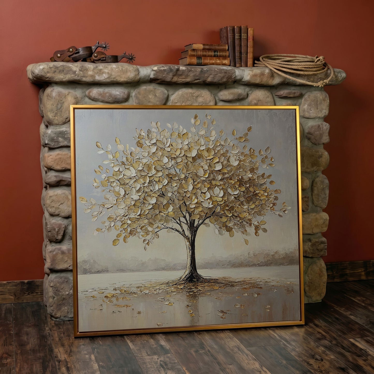 Golden Tree of Life Wall Canvas in antique gold floating frame