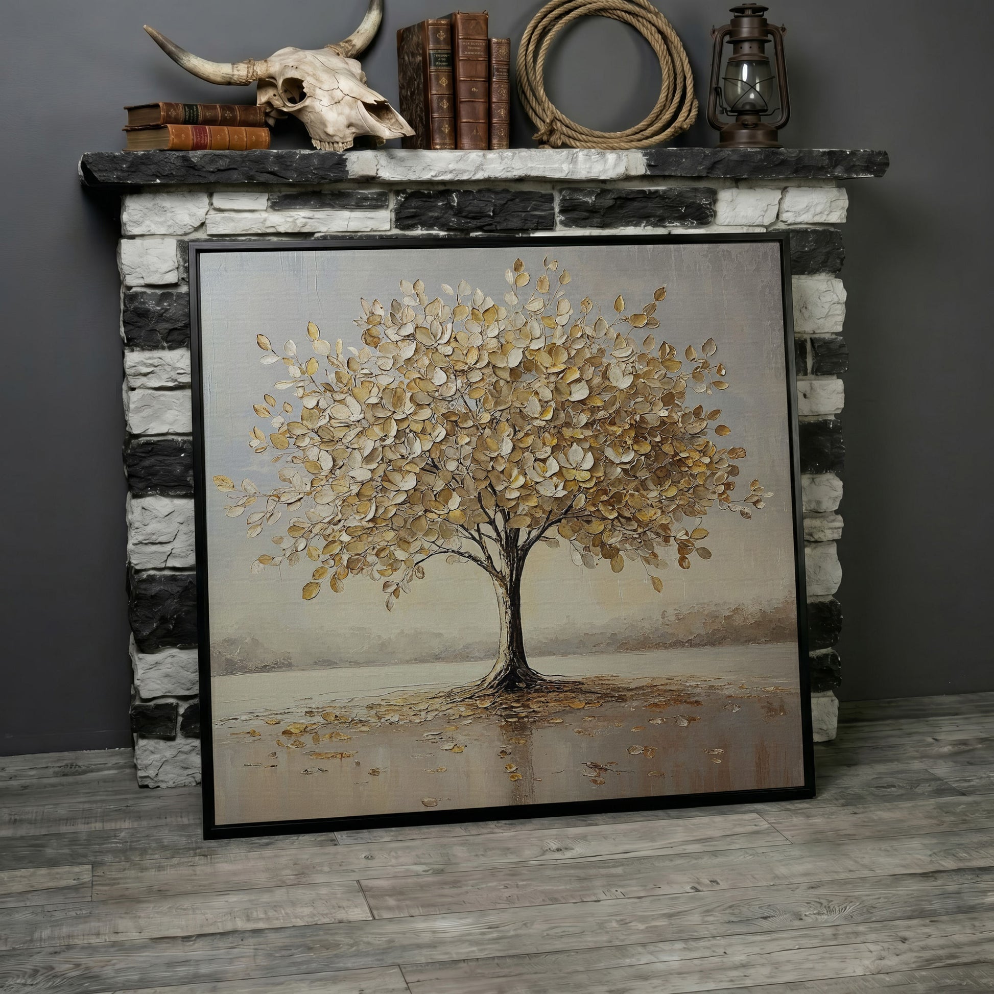 Golden Tree of Life Wall Canvas in black floating frame