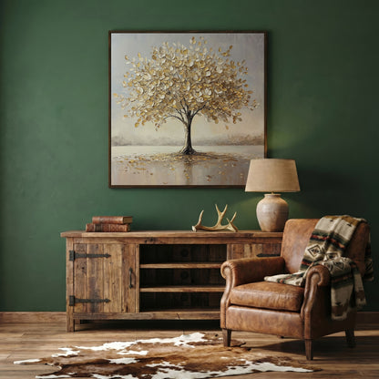 Golden Tree of Life Wall Canvas in dark walnut floating frame