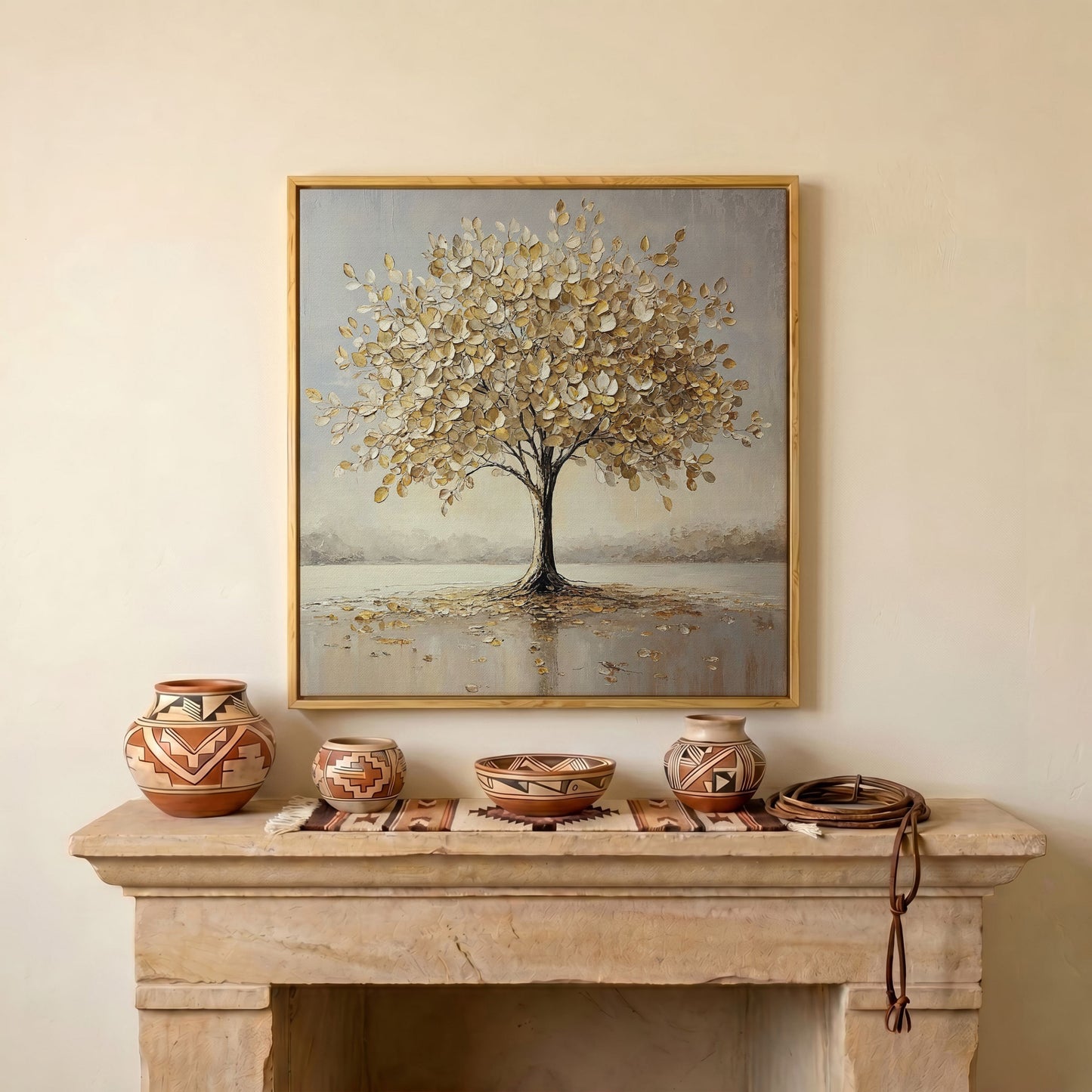 Golden Tree of Life Wall Canvas in white oak floating frame
