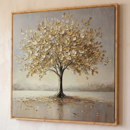 Golden Tree of Life Wall Canvas shown in white oak floating frame