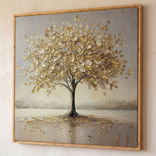 Golden Tree of Life Wall Canvas shown in white oak floating frame
