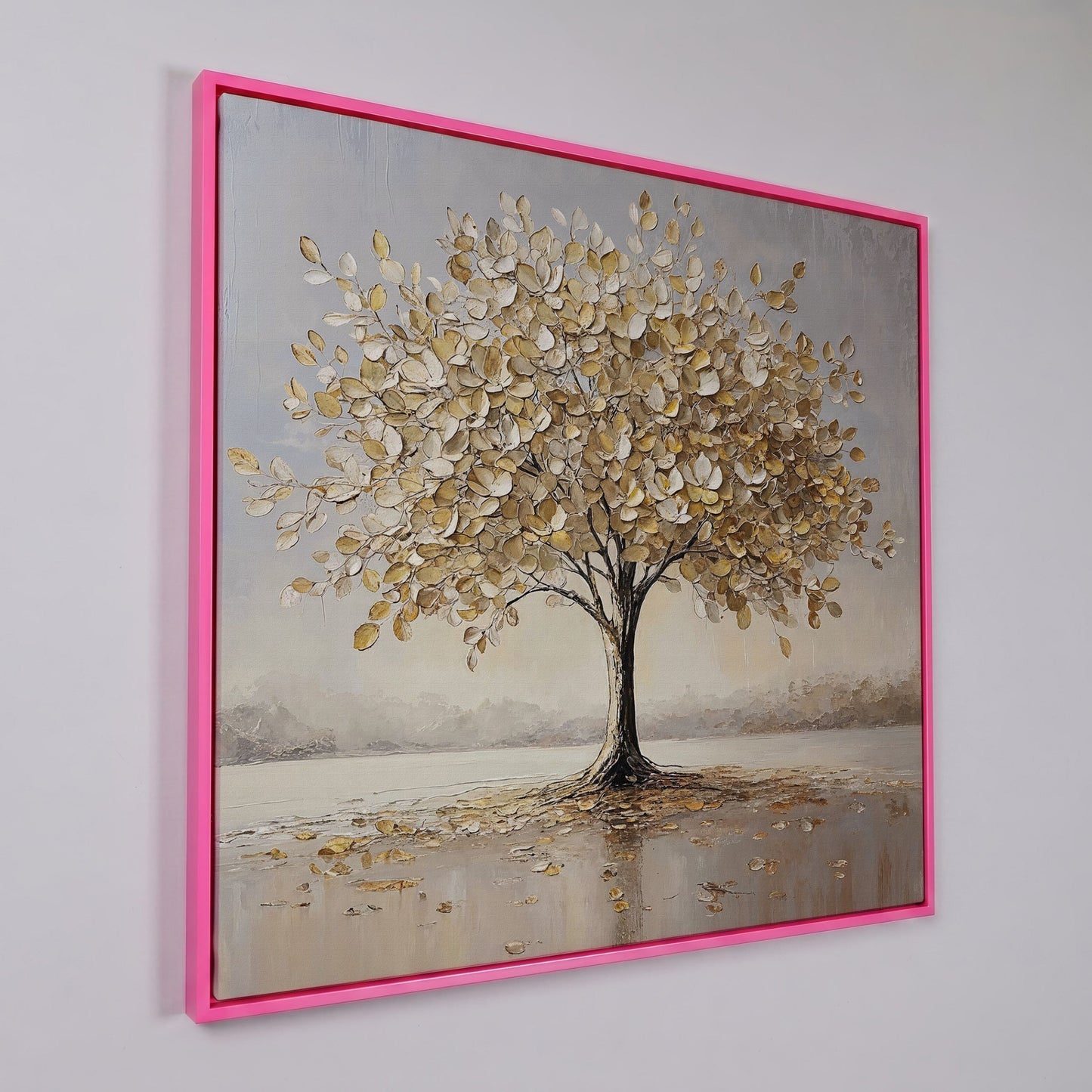 Golden Tree of Life Wall Canvas in pink floating frame