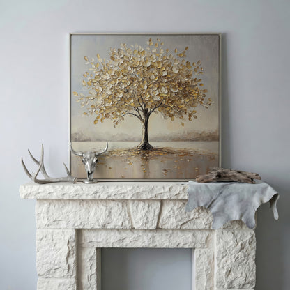 Golden Tree of Life Wall Canvas in silver floating frame