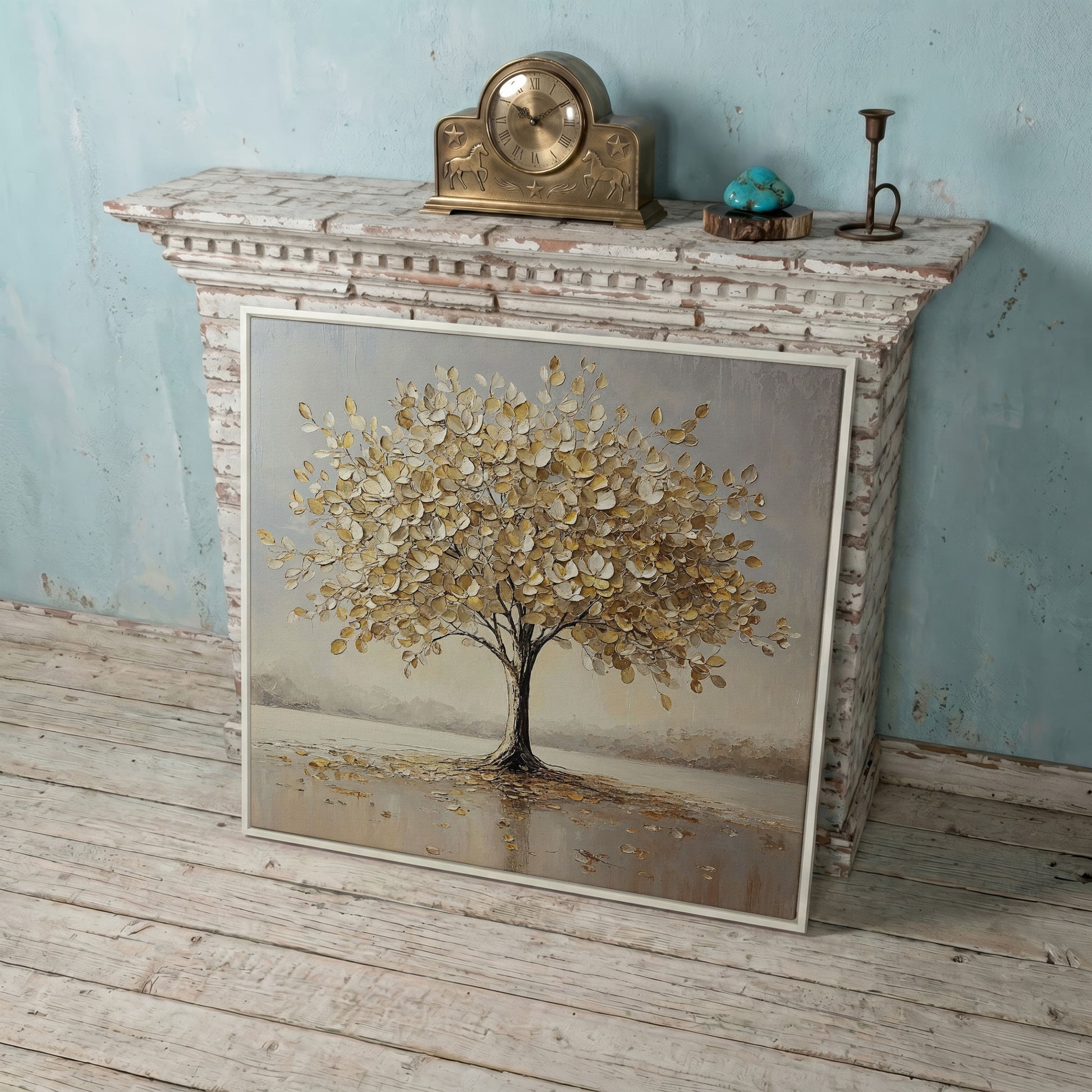 Golden Tree of Life Wall Canvas in white floating frame