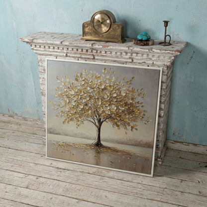 Golden Tree of Life Wall Canvas in white floating frame