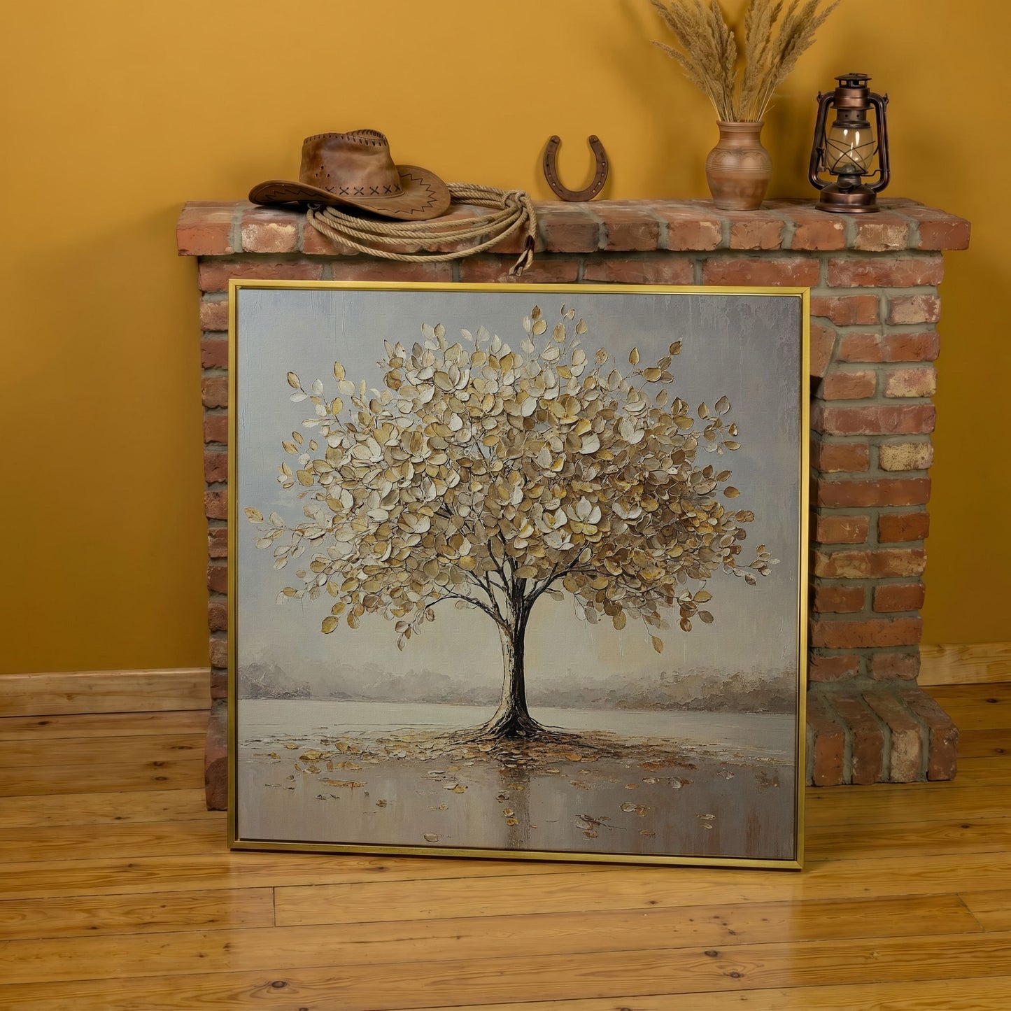 Golden Tree of Life Wall Canvas in yellow gold floating frame