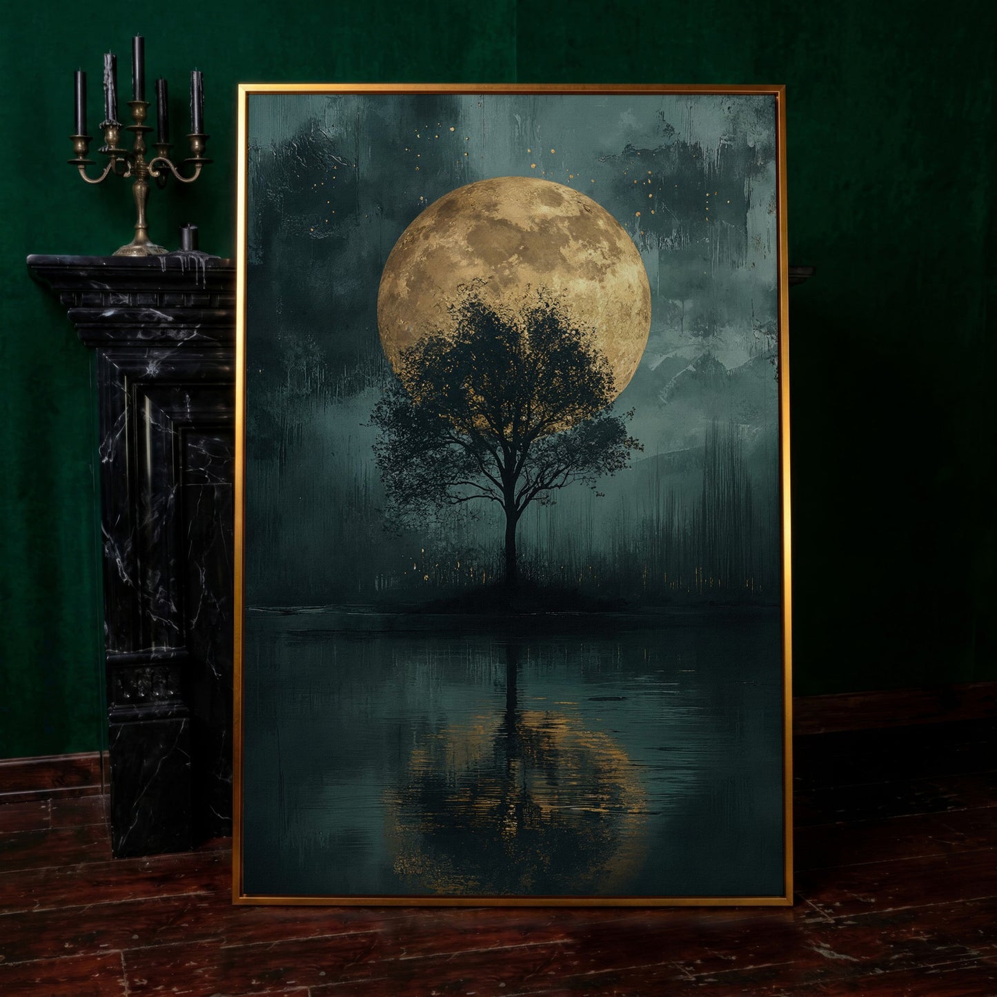 Silhouette Tree with Full Moon Canvas in antique gold floating frame