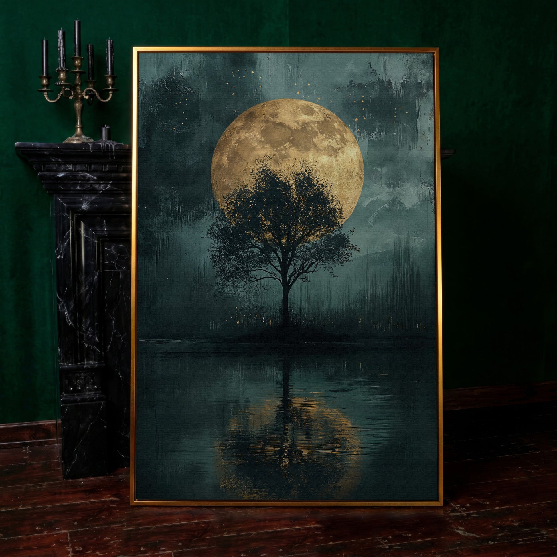 Silhouette Tree with Full Moon Canvas in antique gold floating frame