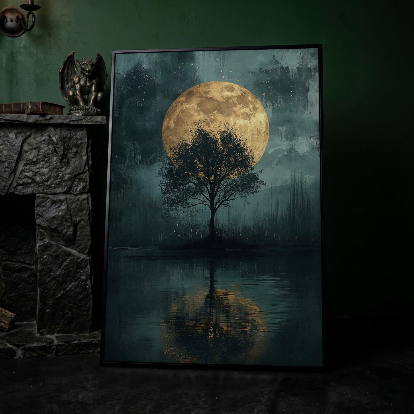 Silhouette Tree with Full Moon Canvas in black floating frame