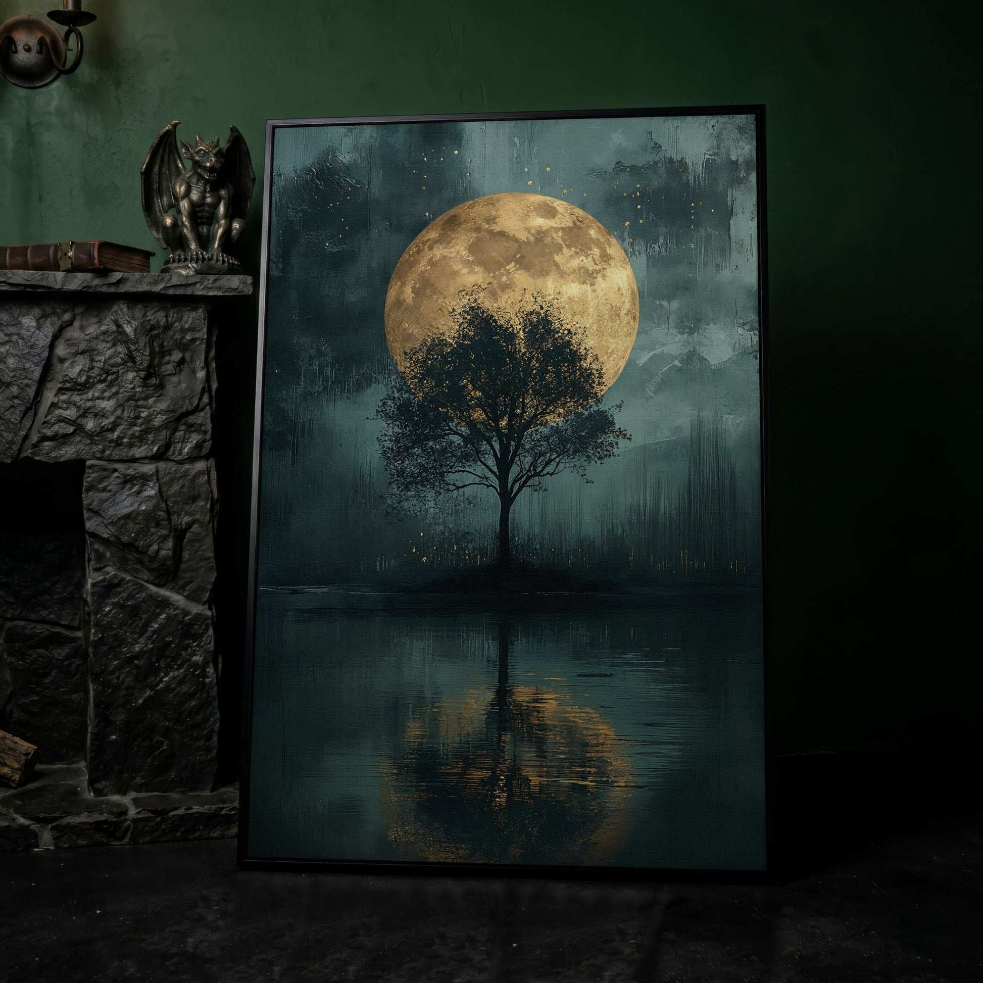 Silhouette Tree with Full Moon Canvas in black floating frame