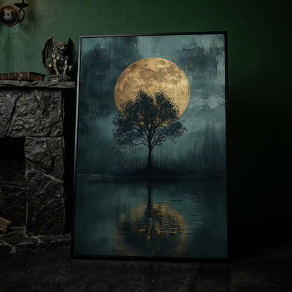 Silhouette Tree with Full Moon Canvas in black floating frame