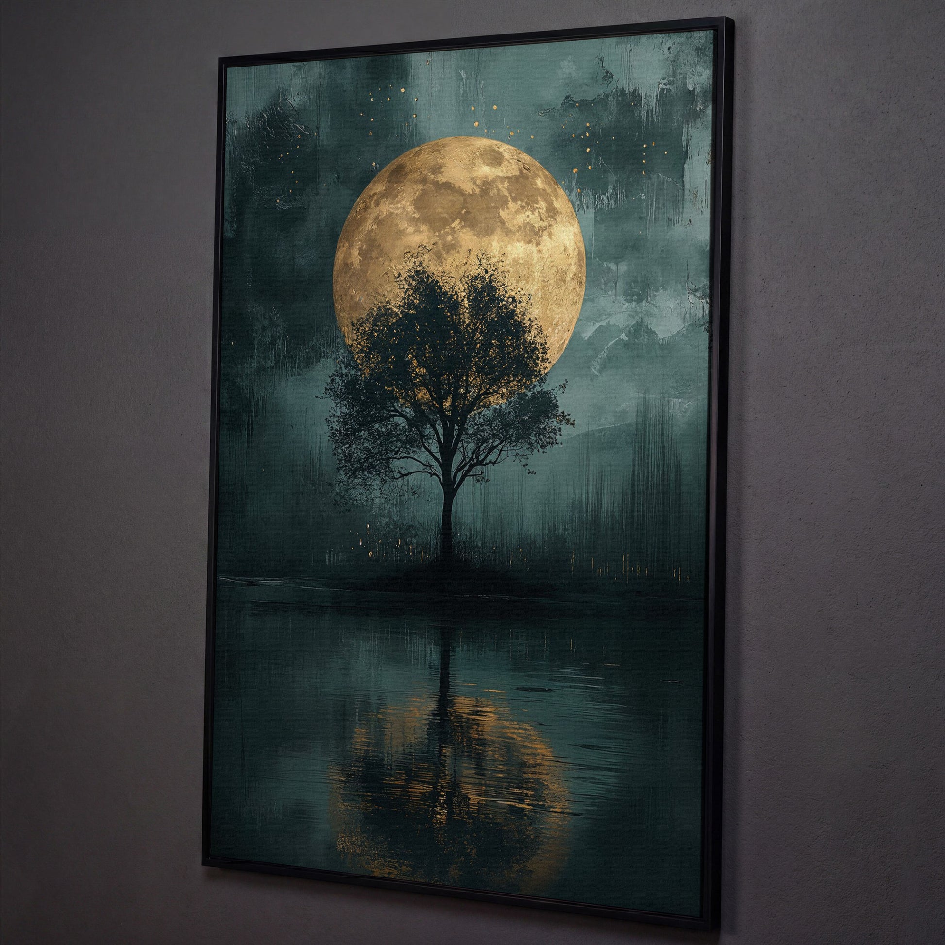 Silhouette Tree with Full Moon Canvas shown in black floating frame