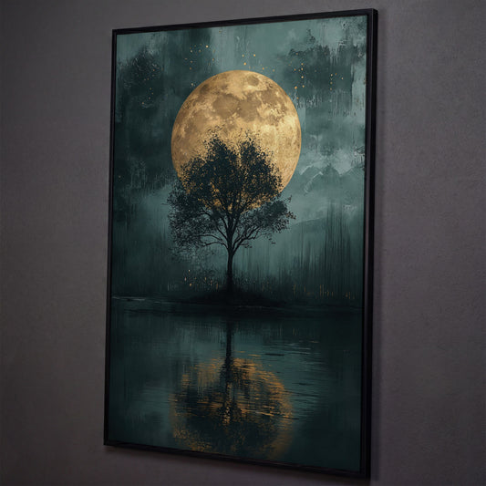 Silhouette Tree with Full Moon Canvas shown in black floating frame