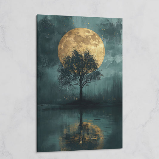 Silhouette Tree with Full Moon Canvas on gallery wrap